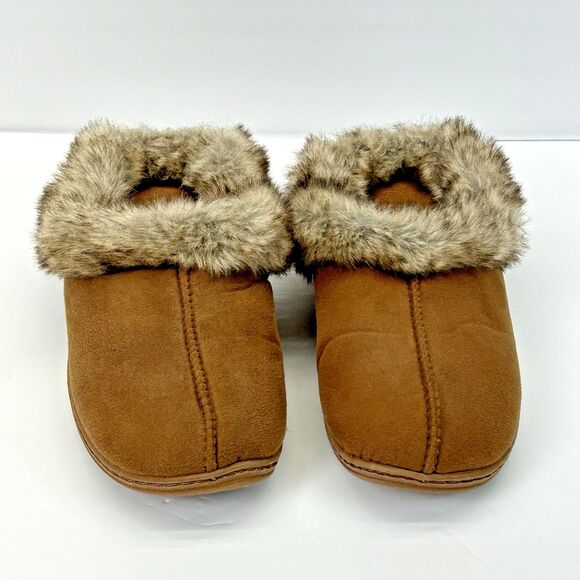Dearfoams Slippers Womens 8 Slip On Mules Faux Fur Round Toe Comfort Brown - Picture 1 of 7